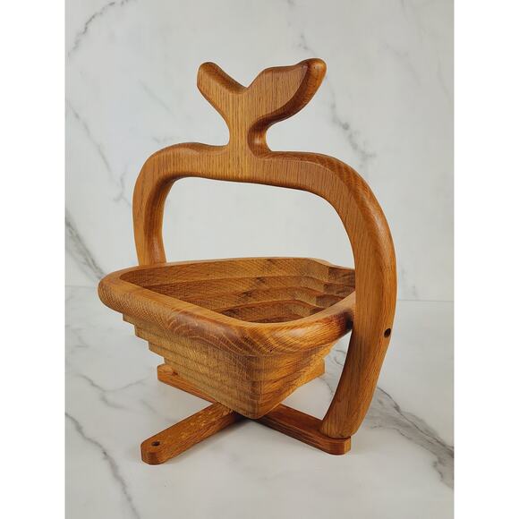 Wood Folding Fruit Basket Apple Shaped 11" John's Wood Shop Handcrafted USA - Picture 7 of 16